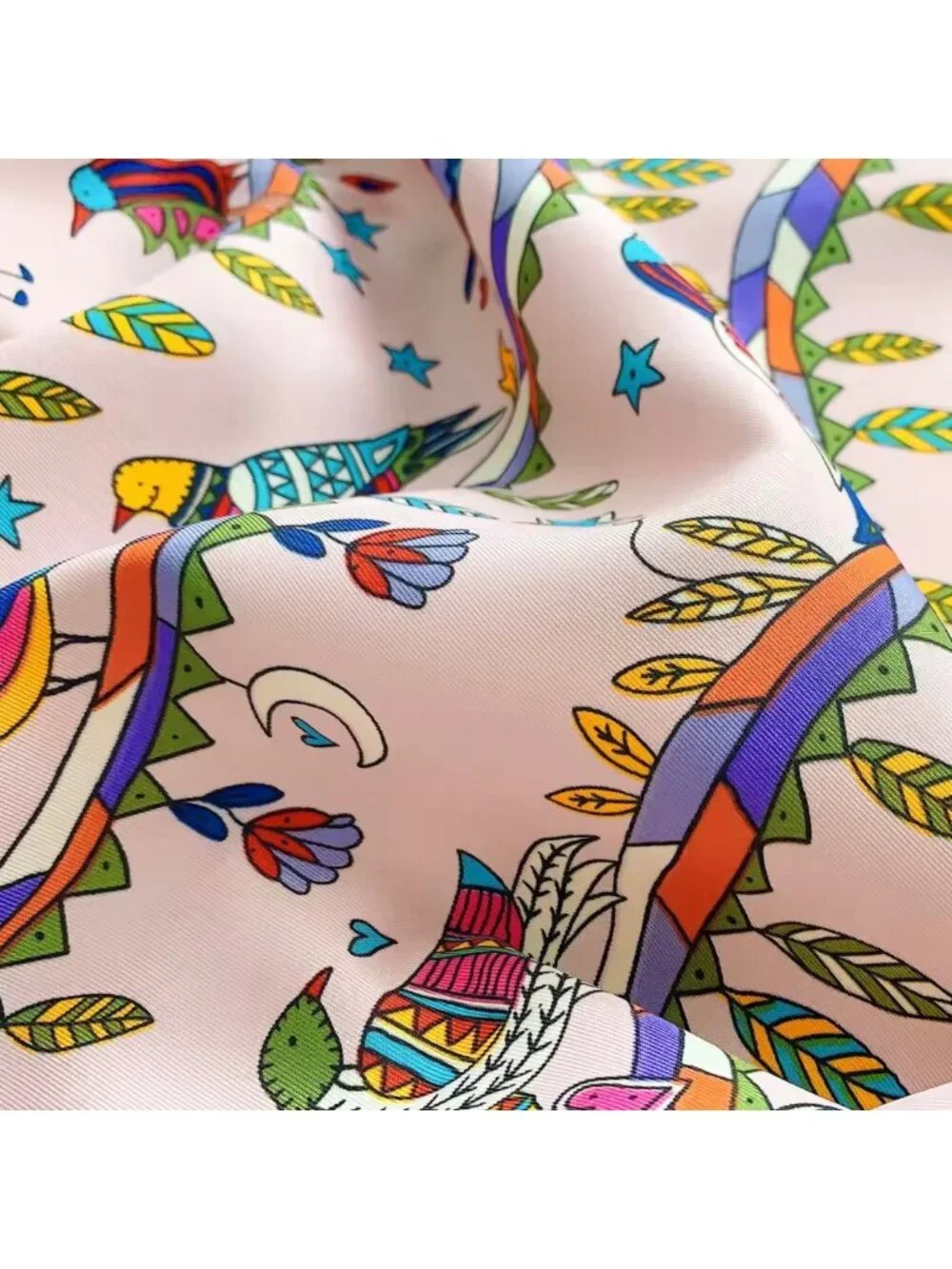 New Square Scarf Silk Satin Printed Pink Tree Birds Heart Whimsical Novelty